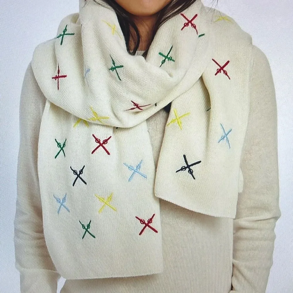 Mark & Graham Embroidered Ski Scarf Ivory Wool Blend Multicolor‎ Ski Poles